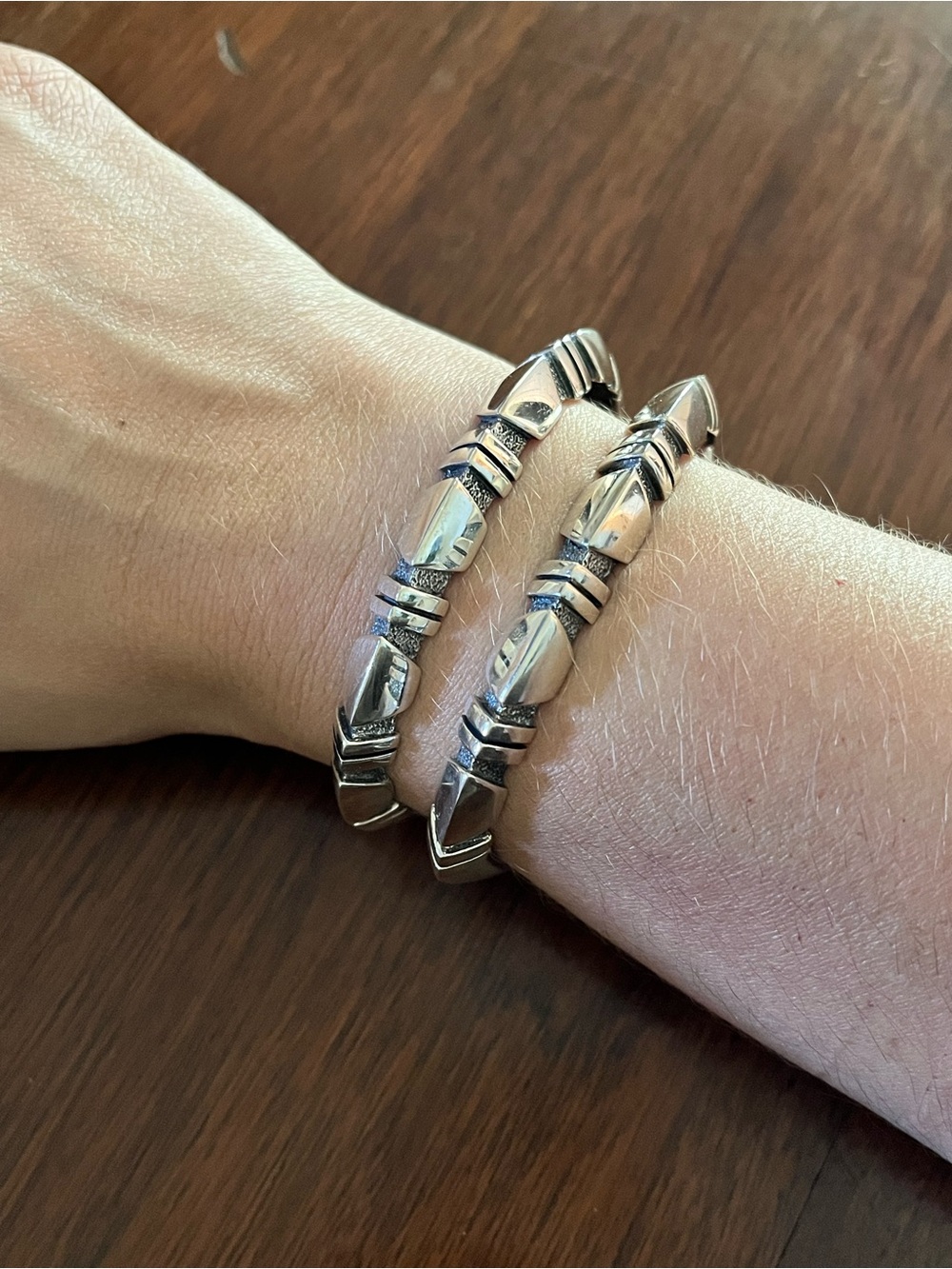 Sterling Silver 925 Textured Cuff Bracelet - Set of 2